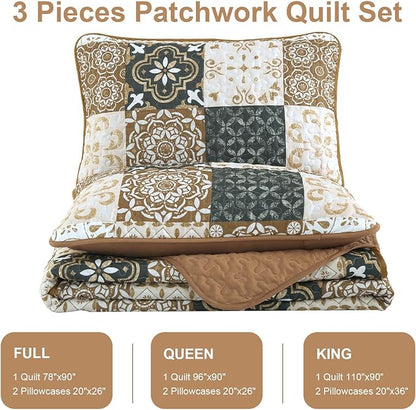 Dobuyly Brown Quilt Set King Size, Boho Plaid Patchwork Bedspreads Coverlet Set, 3 Pieces Soft Lightweight Microfiber Quilt Bedding Set for All Seasons 110"x90"