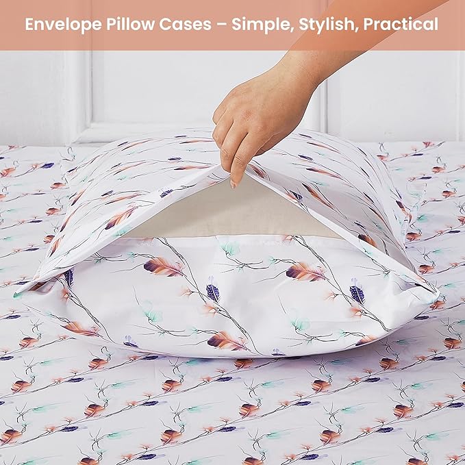 Softan Floral Full Sheet Set, Cozy Microfiber Pastel Blooms Printed Fitted Bed Sheet with 15" Deep Pockets & Non-Slip Straps, Feather Patterned Sheets & Pillowcase Set