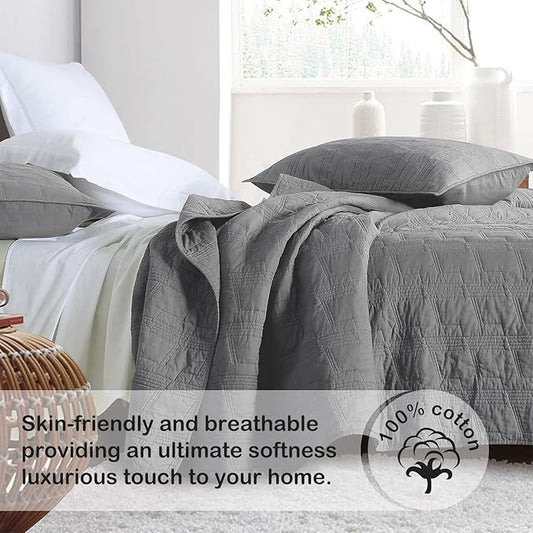 HORIMOTE HOME 100% Cotton Quilt Set Queen Size, Dark Grey Pre-Washed 3-Piece Bedspread Coverlet Set, Cozy Lightweight Stitching Bedding Cover with 2 Shams in Geometric Pattern for All Season