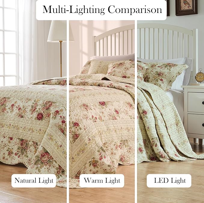 Greenland Home Antique Rose Jumbo Oversized 100% Cotton Bedding Set, Bedspread 110 W x 118 L with 2 Shams 20 W x 26 L Each, Queen (3 Piece), Ecru