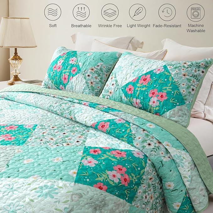 Whale Flotilla Patchwork Quilts Queen Size, Extra Soft Boho Floral Bedspreads for Bed Reversible Lightweight Full Queen Quilt Bedding Set Printed Coverlets with 2 Pillow Shams for All Seasons, Green