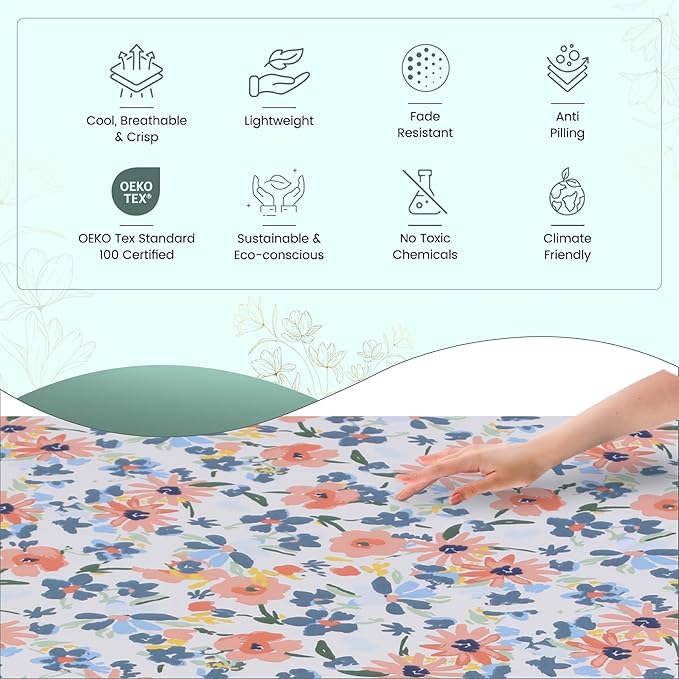 Feather & Stitch Softest 100% Cotton Sheets, 300 Thread Count Percale Weave Bedding, 16" Deep Pocket, Cooling Sheets, Breathable Bed Set, Hotel Premium Quality (Queen, Daisy Delight)