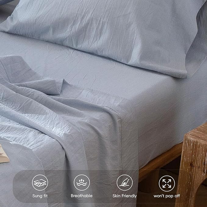 MooMee Fitted Bottom Sheet Only 100% Washed Cotton Linen Like Textured Breathable Durable Soft Comfy Deep Pocket Fits Mattress up to 17" (Cornflower Blue, California King)