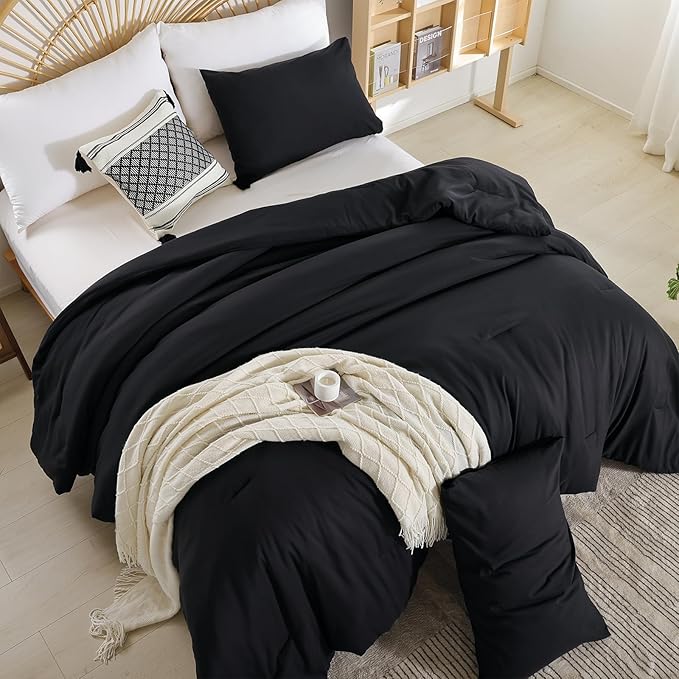 weigelia Queen Comforter Set Black Comforter Boho Solid Color Bedding Comforter Set for All Season Soft Lightweight Microfiber 3PCS Cozy Reversible Comforter Set (1 Comforter, 2 Pillowcases)