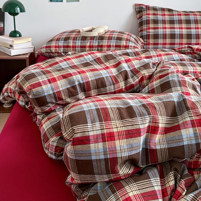 EAVD Vintage Style Red&Brown Buffalo Plaid Comforter Set Twin XL Soft 100% Washed Cotton Chic Grid Checkered Ginham Bedding Set with 2 Pillowcases Farmhouse Geometric Comforter Set for All-Season