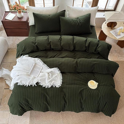 Striped Duvet Cover Set 100% Washed Cotton Linen Like Soft Feelling Breathable Bedding(Olive Green/Black Strip,Queen)