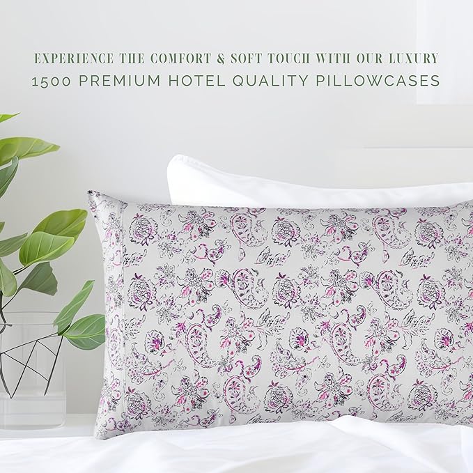 Elegant Comfort Ultra Soft Set of 2 Floral Print Pillowcases - 1500 Premium Hotel Quality Microfiber, Soft and Smooth Envelope Closure 2-Piece Pillow Covers - King, Paisley Purple