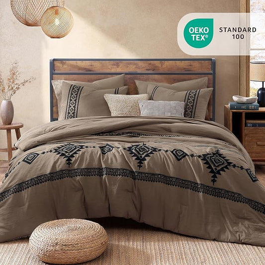 MaiRêve Embroidery King Size Comforter Set Taupe Grey, Boho Farmhouse Western Bedding Set 7 Pieces, All Season Bed in A Bag Comforter Set with Sheets, Pillowcases & Shams