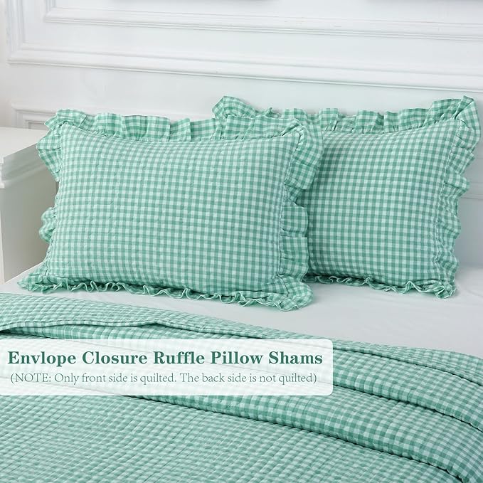 Spa Blue White Ruffle Gingham Quilt Set Queen Size with 2 Pillow Shams, 100% Washed Cotton Yarn-Dyed Quited Bedspread Farmhouse Bedding Set (Spa Blue, Queen) | Ruffle, gingham sheets