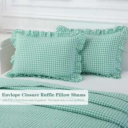 Spa Blue White Ruffle Gingham Quilt Set Queen Size with 2 Pillow Shams, 100% Washed Cotton Yarn-Dyed Quited Bedspread Farmhouse Bedding Set (Spa Blue, Queen) | Ruffle, gingham sheets