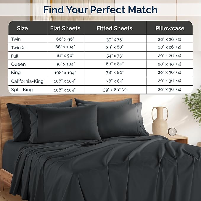 Casa Platino Sheets Cal King – 6 Piece Crisp Percale Weave Cal King Cooling Sheets with 15" Deep Pockets, Lightweight & Cool Feel for All Sleepers, Soft & Breathable for a Great Nights Sleep – Black