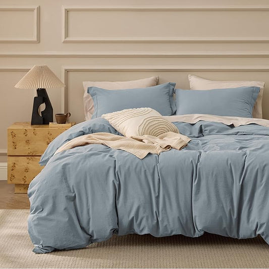 Bedsure 100% Washed Cotton Duvet Cover King Size - Dusty Blue Minimalist Bedding Set Linen Like - PureWoven Plain Simple & Soft Comforter Cover for All Seasons (Dusty Blue, King, 104"x90")