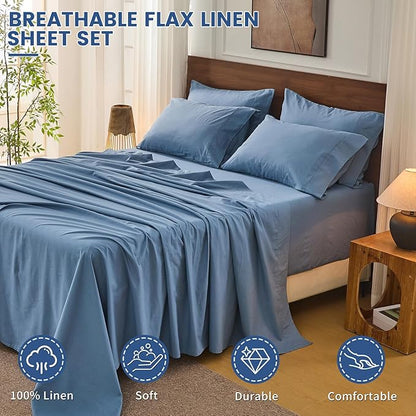 Bedlifes 100% French Linen Sheets California King Size 18-24" Extra Deep Pocket 4-Piece Set Breathable & Moisture-Wicking,Soft & Durable Sheets for Thick Mattresses(Flint Blue)