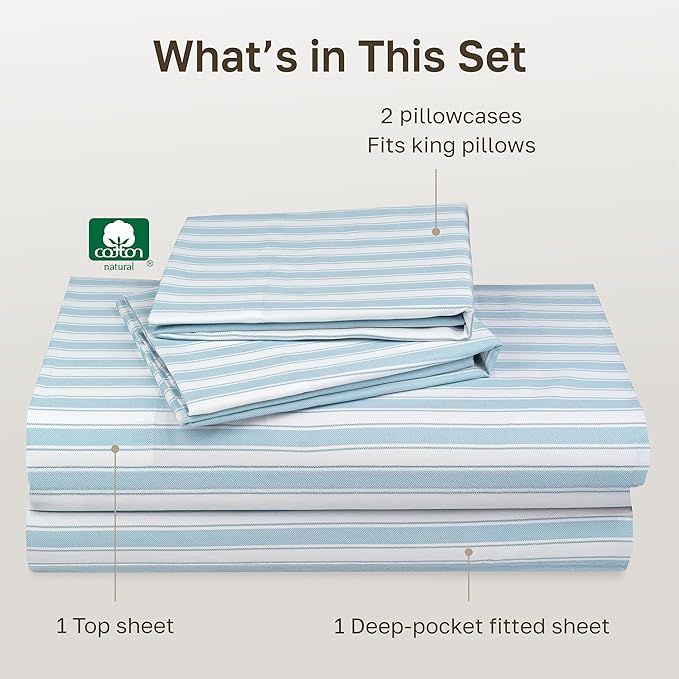 California Design Den Striped King Size Sheets Set - 400 Thread Count, Soft Sateen, Natural 100% Cotton Sheets, Deep Pockets, and Durable Bedding Set - Cape Stripe