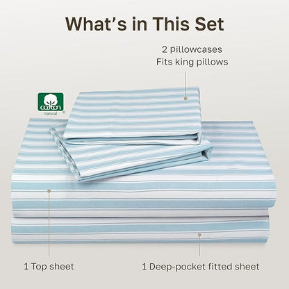 California Design Den Striped King Size Sheets Set - 400 Thread Count, Soft Sateen, Natural 100% Cotton Sheets, Deep Pockets, and Durable Bedding Set - Cape Stripe