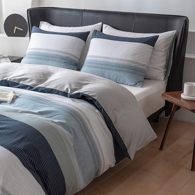 EAVD Cotton Duvet Cover Full Size White Grey Blue Striped Bedding Set with 2 Pillowcases Modern Geometric Striped Duvet Cover with Zipper Closure