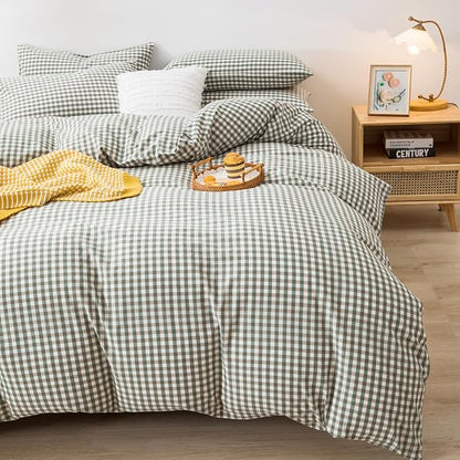 mixinni Green Gingham Comforter Set California King, Plaid Comforter Set 3 Pieces 1 Green Grid Comfoter with 2 Pillow Cases for All Seasons, Soft Fluffy Modern Grid Pattern Printed Bedding