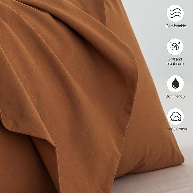 MooMee Bedding Pillowcases Pack of 2 100% Washed Cotton Linen Like Textured Breathable Durable Soft Comfy (Solid Dark Orange, King)