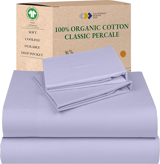 California Design Den Queen Size Bed Sheets - Soft 100% Percale Cotton Sheets with Deep Pockets, Crisp Percale, Breathable and Durable Bedding Set - Lavender Mist