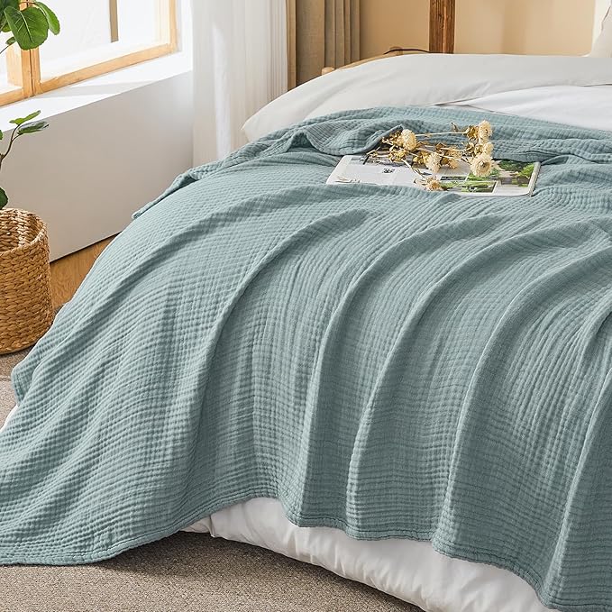 EMME Cotton Muslin Large Throw Blanket Couch Breathable Gauze Soft Lightweight Bed Blankets Adults (Heather Teal, 50"x70")