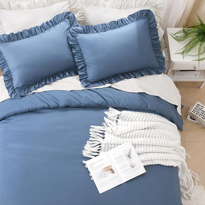 Litanika Ocean Blue King Size Comforter Set, 3 Pieces Ruffle Farmhouse Aesthetic Bedding Comforter Set, All Season Soft Lightweight Fluffy Microfiber Bed Set(104x90In Comforter, 2 Pillowcases)