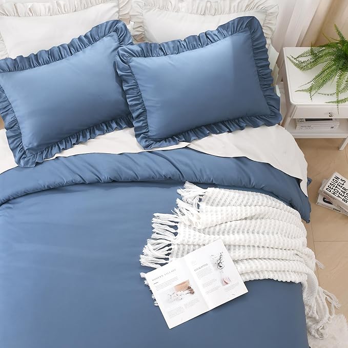 Litanika Ocean Blue Queen Comforter Set, 3 Pieces Ruffle Farmhouse Aesthetic Bedding Comforter Set, All Season Soft Lightweight Fluffy Microfiber Bed Set(90x90In Comforter, 2 Pillowcases)