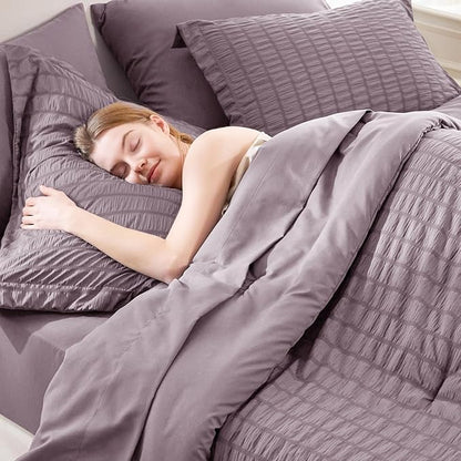 CozyLux Queen Comforter Set Dusty Purple Seersucker 7 Pieces Bed in a Bag Queen Comforter Set with Sheets, Grayish Purple Luxury Bedding Sets Down Alternative Comforter, Sheets, Pillowcases & Shams