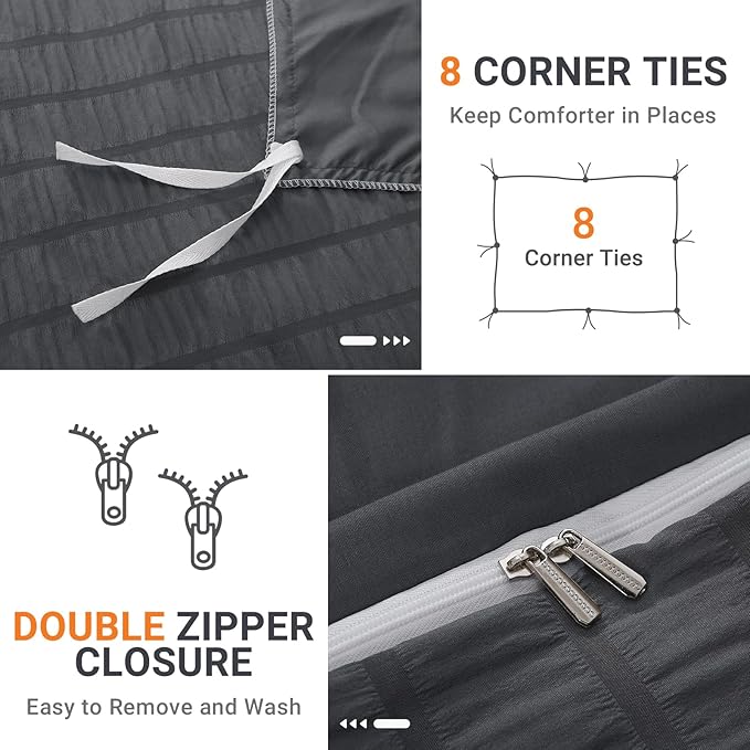 HYMOKEGE Dark Grey Duvet Cover Queen Size, Ultra Soft 3-Piece Seersucker Duvet Cover Set with Zipper Closure, Soft Brushed Microfiber Bedding Set with 8 Corner Ties (90"x90", 2 Pillowshams)