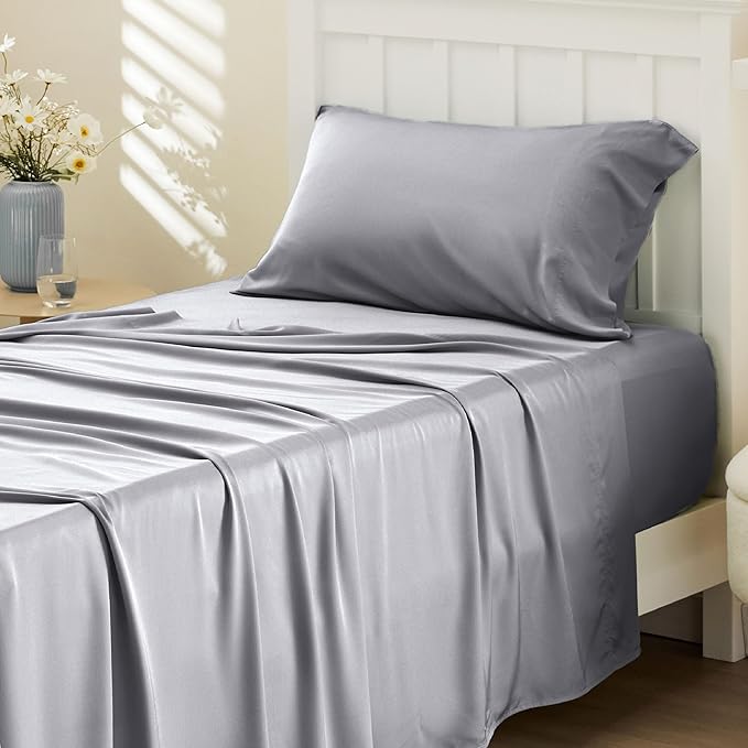 Bedsure Cooling Sheets Twin, Rayon Derived from Bamboo, PureWoven, Breathable & Soft, Deep Pocket Up to 16 Inches, Hotel Luxury Silky Bedding for Hot Sleepers, Silver Grey