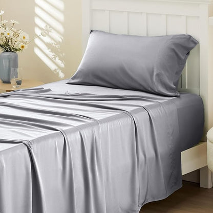 Bedsure Cooling Sheets Twin, Rayon Derived from Bamboo, PureWoven, Breathable & Soft, Deep Pocket Up to 16 Inches, Hotel Luxury Silky Bedding for Hot Sleepers, Silver Grey