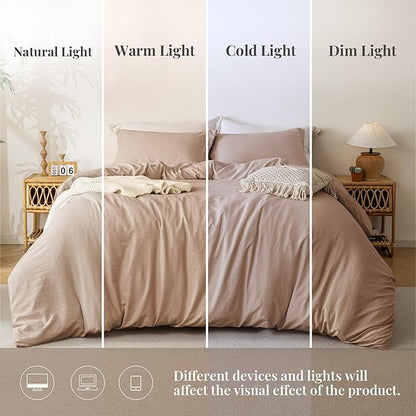 MILDLY Super Soft Duvet Cover - 100% Washed Microfiber Rugby Tan Comforter Cover Set 3 Pieces with Zipper Closure & Corner Ties (No Comforter)