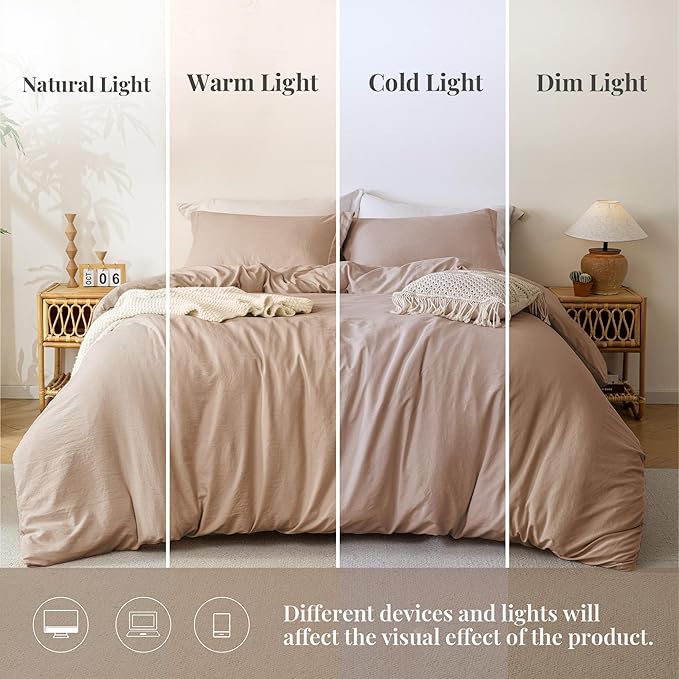 MILDLY Super Soft Duvet Cover - 100% Washed Microfiber Rugby Tan Comforter Cover Set 3 Pieces with Zipper Closure & Corner Ties (No Comforter)