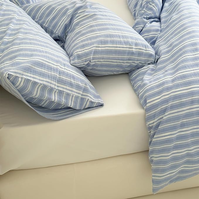 LifeTB Striped Duvet Cover Set King, 100% Washed Cotton Blue White Stripes Pattern Printed Comforter Cover, Farmhouse 3 Pieces Striped Bedding Set Cool Breathable Duvet Cover with 2 Pillowcases