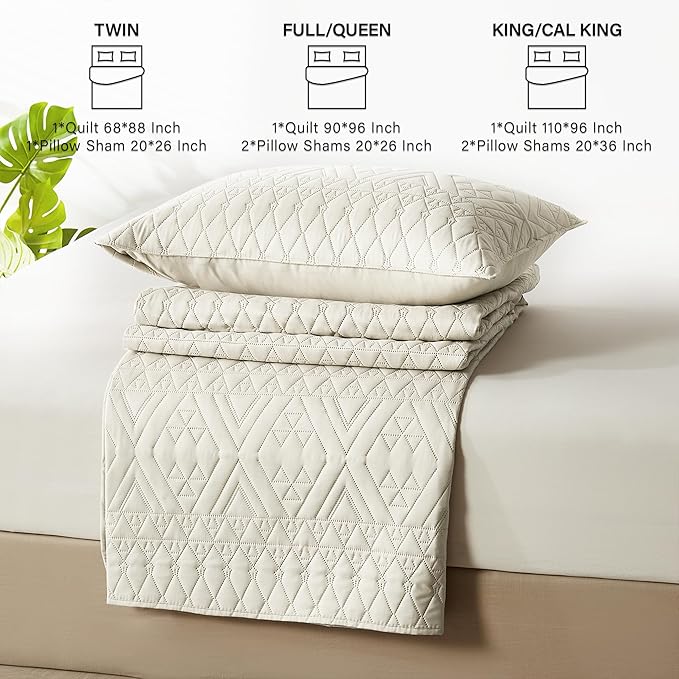 akkialla King/Cal King Quilt Set, Boho Style in a Solid Color, Cream Lightweight Microfiber Bedspread, Soft and Breathable Coverlet for All Seasons, 3-Piece Bedding Set (1 Quilt, 2 Pillow Shams)