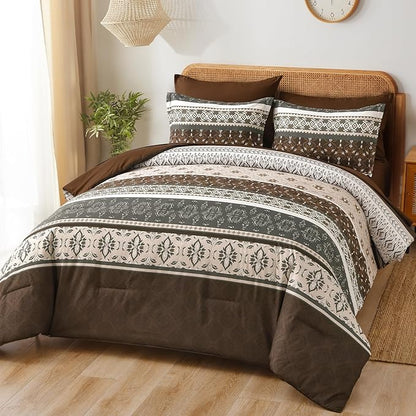 WONGS BEDDING Boho Comforter Set Queen, 7 Pieces Brown Comforter Bedding Set,Bohemian Paisley Floral Bed in a Bag,Soft Microfiber Striped Comforter Bedding Sets for All Season