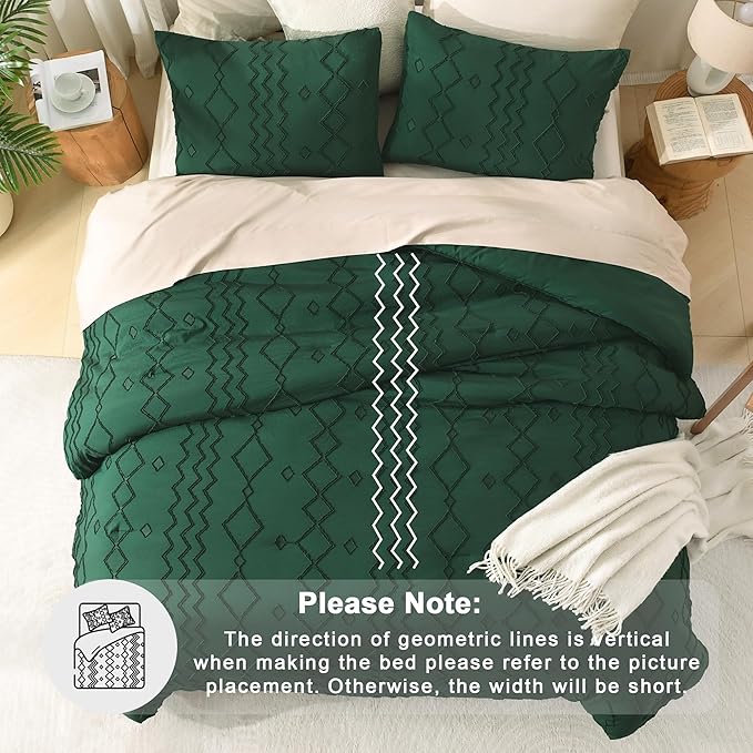 Andency California King Comforter Set Emerald Green, 3 Pieces Boho Tufted Geometric Shabby Chic Bedding, Soft Fluffy Farmhouse Bed Set, Dark Green Textured Comforter for All Season (104x96 Inch)