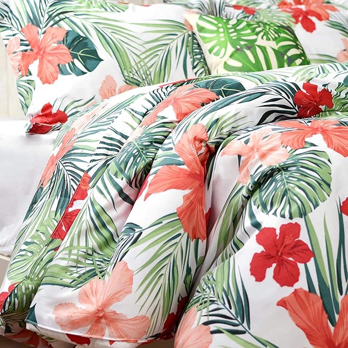FADFAY Tropical Red Hibiscus Palm Leaves Duvet Cover Set Super Soft Summer Bedding 100% Cotton Soft with Hidden Zipper Closure Queen Size 3-Pieces