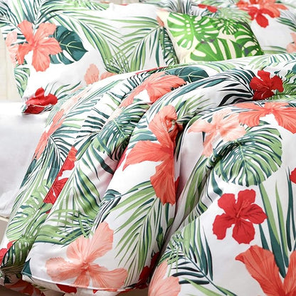 FADFAY Tropical Red Hibiscus Palm Leaves Duvet Cover Set Super Soft Summer Bedding 100% Cotton Soft with Hidden Zipper Closure Queen Size 3-Pieces