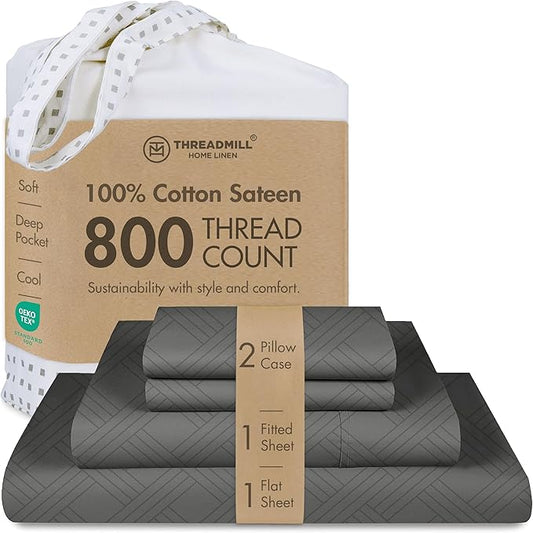 Threadmill California-King Sheets - 800 Thread Count, Jacquard Celine Dark Grey, 100% Pure Cotton 4 Piece Striped Bed Set, Extra Long Staple Cotton, Luxury Damask Sheets with Elasticized Deep Pocket