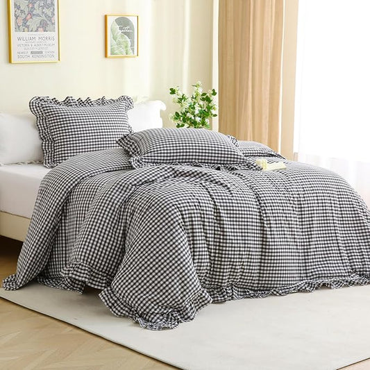 Black/White Checkered Ruffle 3-Piece Duvet Cover Set Full Size,Washed Cotton Shabby Gingham Plaid Bedding Set Farmhouse Comforter Set(Full,Black/White)