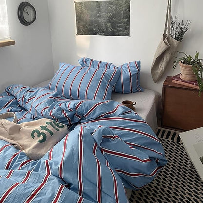 mixinni Vintage Striped Blue Duvet Cover Twin - 100% Cotton Red Stripes 3-Piece Bedding Duvet Cover Set with Zipper Closure, Soft & Breathable Retro Design for All Seasons (Twin Size)