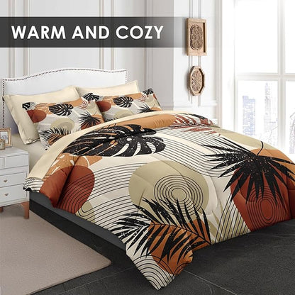 Comforter Set King Size, Boho Retro Leaves Beige 7 Pcs Bedding Set for Kids and Adults, Bohemian Tropical Flower Bed Sheet Sets with Fitted Sheet 2 Pillowcase & 2 Sham for Bedroom Bed Decor