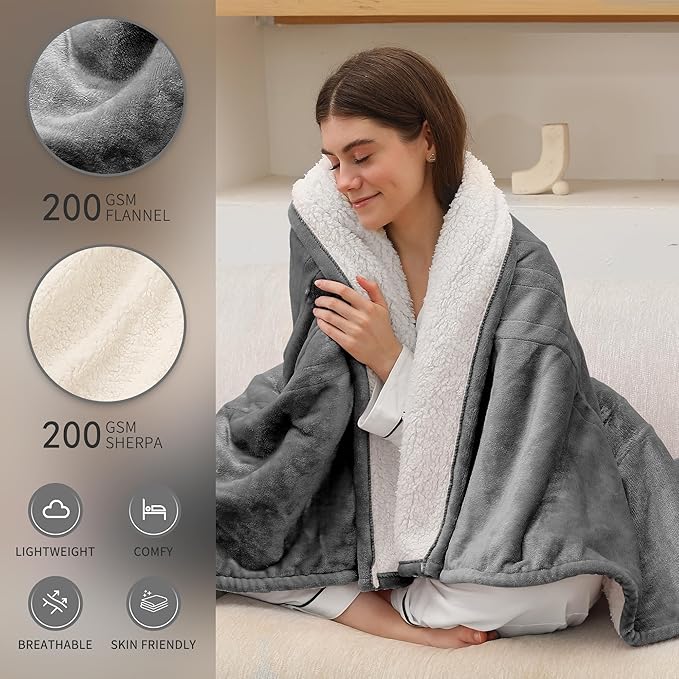 ESTINGO Heated Throw Blanket, Electric Blanket Throw with 5 Heating Levels & 4 Hours Auto Off, Super Soft Flannel Sherpa Fast Heating Blanket with ETL Certified for Bedding, 50"x60", Cool Gray