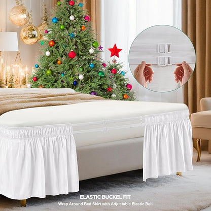 Biscaynebay Wrap Around Bed Skirts for Queen Size Beds Extra Short Drop of 9", White Elastic Dust Ruffles Easy Fit Wrinkle & Fade Resistant Silky Luxurious Fabric Solid Machine Washable