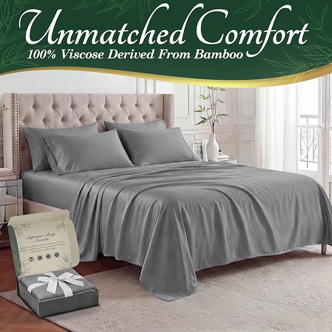 DECOLURE 100% Viscose Derived from Bamboo Sheets Twin Size - Luxury 4 Pc Naturally Cooling Sheets, Ultra Soft Bed Set - Deep 17" Pockets, Durable Double Stitching, Oeko Tex Standard (Midgrey)