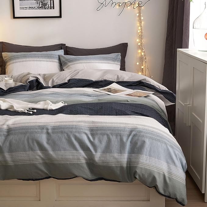 VM VOUGEMARKET Striped Comforter Set Queen Blue Gray Stripes Comforter with 2 Pillowcases Simple Modern Bedding Set Bed in a Bag All Season Queen Comforter Set for Teens Adults