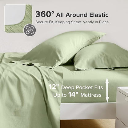 Comfort Spaces 100% Cotton Sheets Twin XL, Breathable & Soft Cotton Sheets, Naturally Cool Cotton Bed Sheets with 12" Elastic Pocket Fits up to 14" Mattress, All Seasons Sheet Set, Sage Green 3 Piece