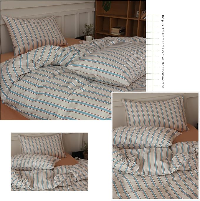 LifeTB Striped Duvet Cover Set King 3 Pieces Blue Brown Stripes Pattern Printed Bedding Set King 100% Cotton Retro Striped Comforter Cover Comfy Soft Breathable Duvet Cover with 2 Pillowcases