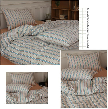 LifeTB Striped Duvet Cover Set King 3 Pieces Blue Brown Stripes Pattern Printed Bedding Set King 100% Cotton Retro Striped Comforter Cover Comfy Soft Breathable Duvet Cover with 2 Pillowcases