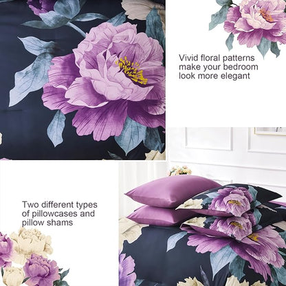 Dobuyly King Size Comforter Set Dark Purple 7 Piece Bed in a Bag, Elegant Floral Comforter Set with Sheets, Soft Microfiber Botanical Flower Bedding Set for All Season